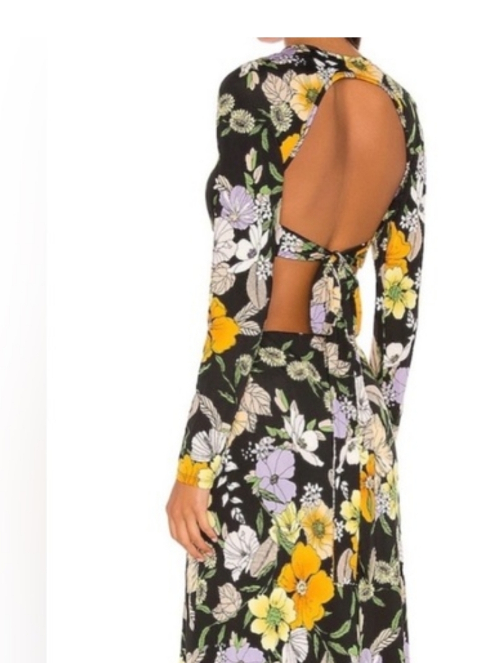 AFRM Black Floral Midi Dress with Yellow & Lilac Blooms
